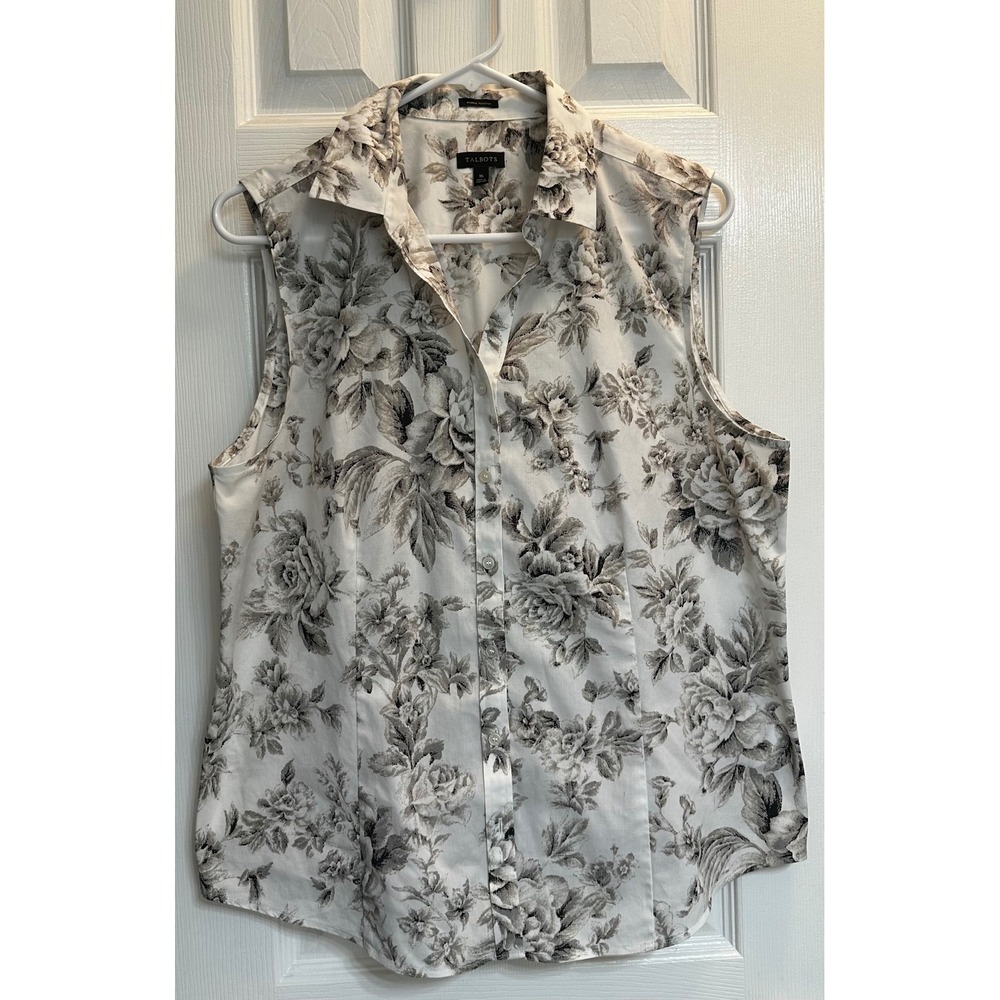 Talbots Women 16 Sleeveless Button Down Shirt Floral Wrinkle Resistant Neutral